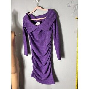 Purple Long Sleeve Knit Cotton Dress Ruched Bodycon Off Shoulder Collar XL